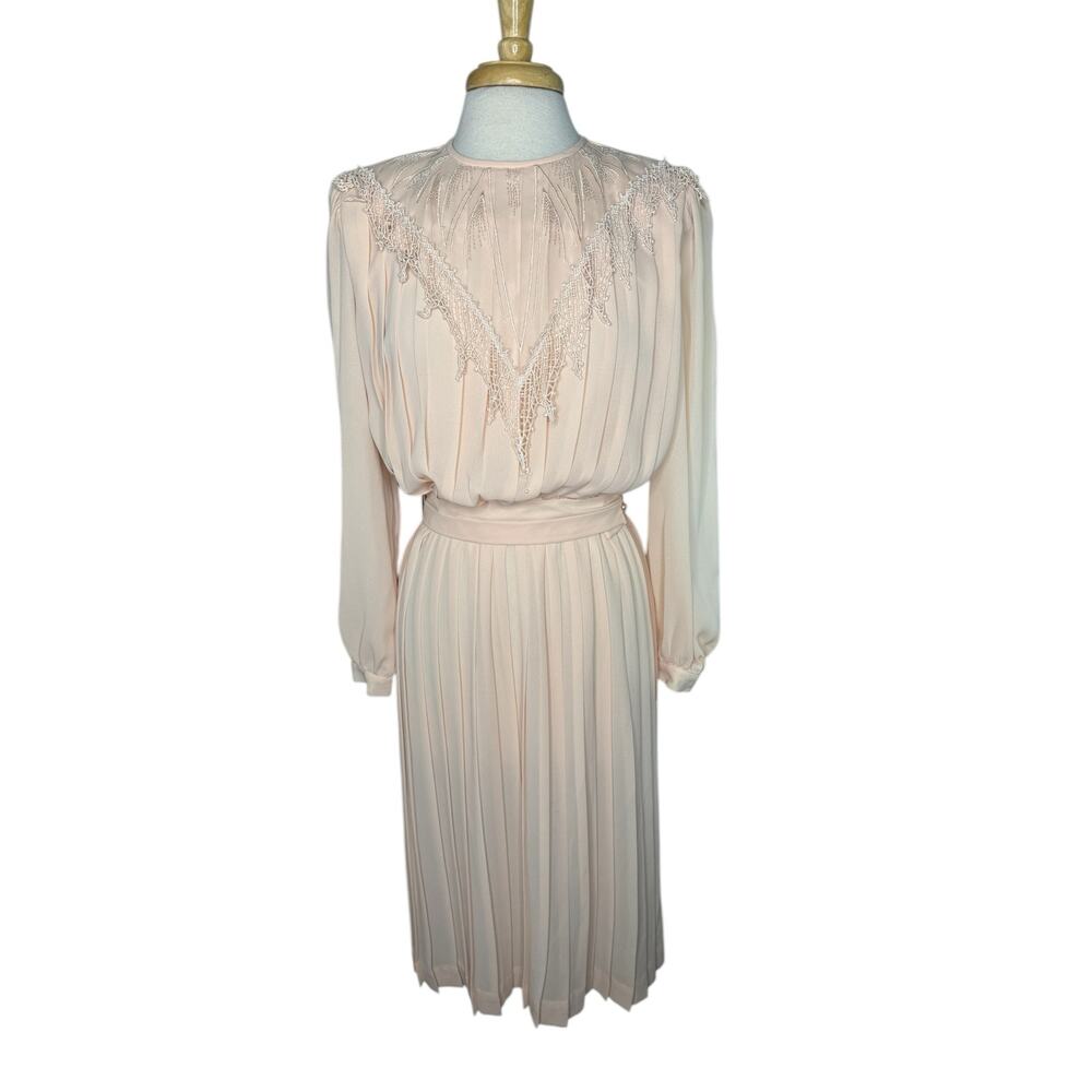 Vintage 80s Blush Pink Secretary Long Sleeve Pleated Dress Size 10 LIZ ROBERTS